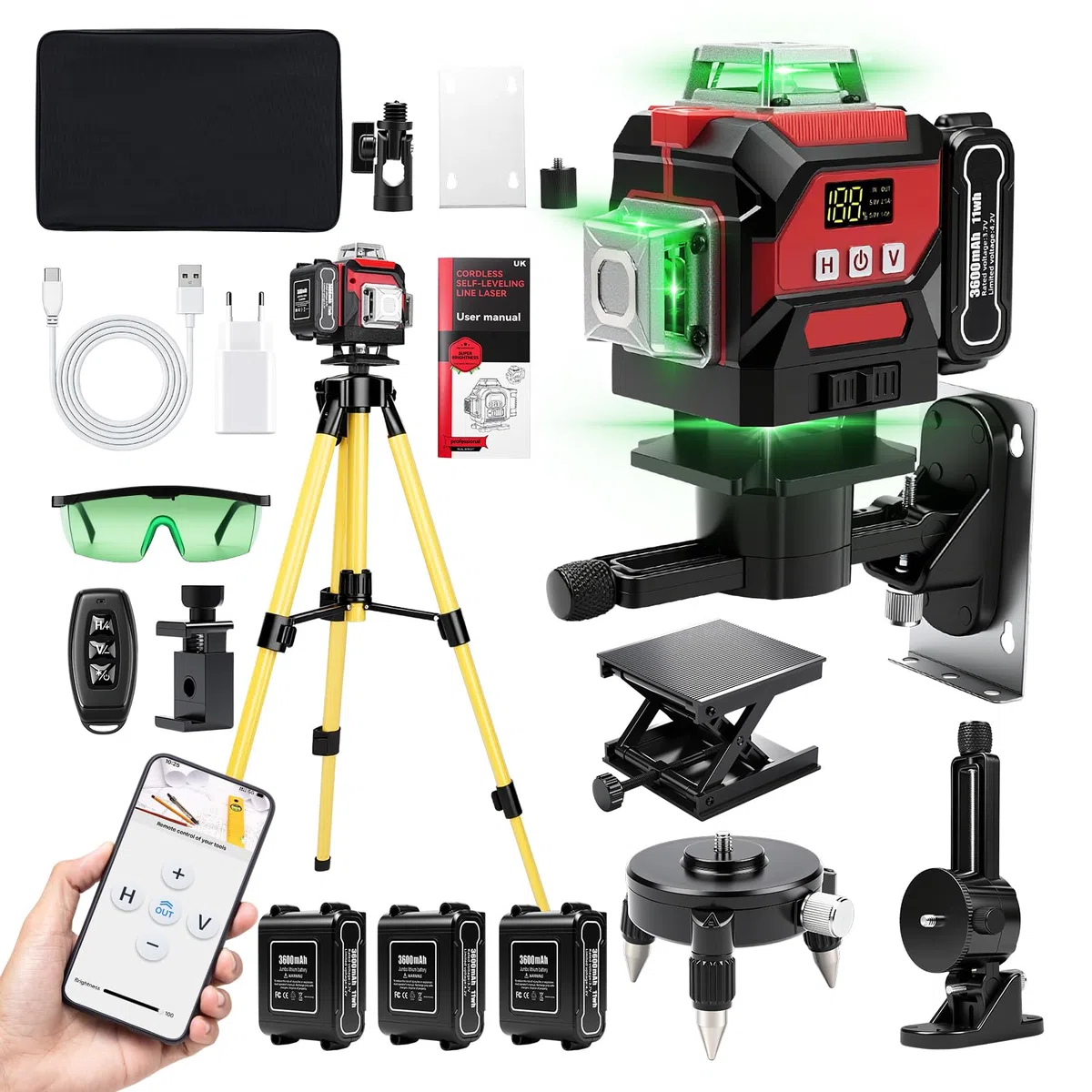 Laser a linee incrociate con treppiede, 4D 16 linee verdi, 4 X 360 °Livello Laser Autolivellante con 3600 mAh x 3 batterie ricaricabili per interni, cantiere