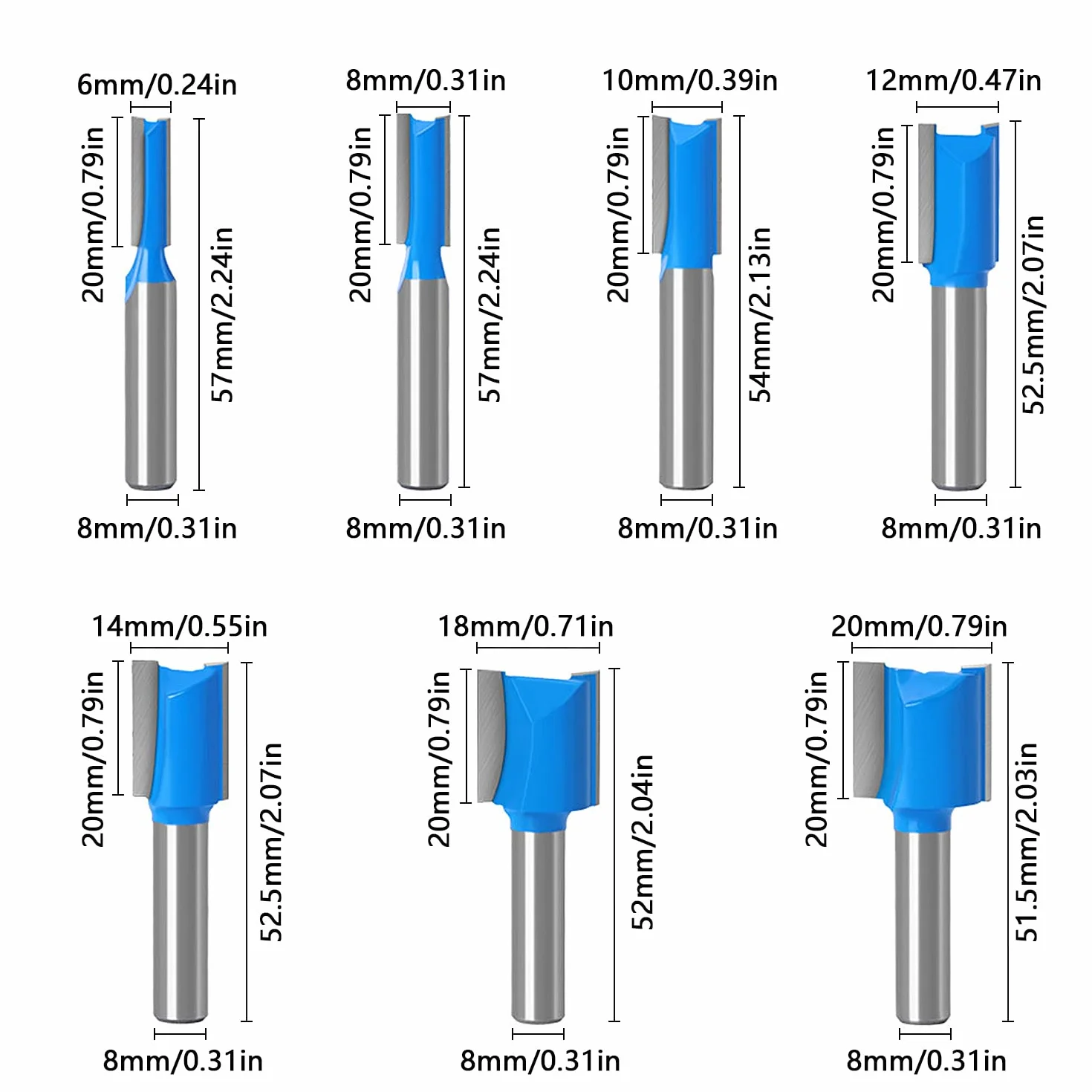 7 Pezzi Set Frese per Legno con Gambo da 8 mm, Punte Fresa Verticale Diritti, Doppio Flauto Punte per Router, per Lavori Fai Da Te Falegnameria (7 Pezzi)