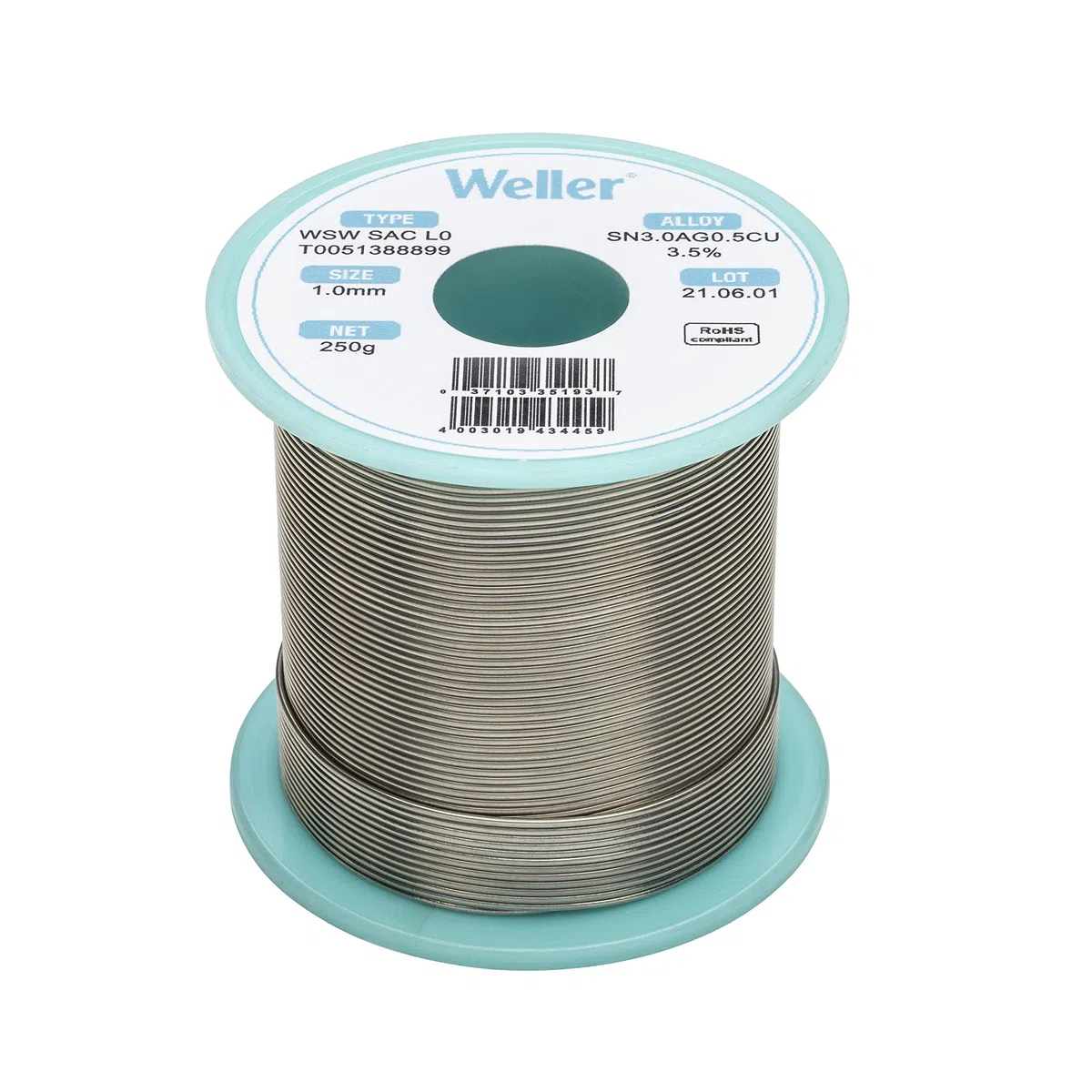 Weller WSW SAC L0 (T0051388899) Filo Saldante, Ø 1.0mm, 250g, Lega Sn96.5Ag3.0Cu0.5, Contenuto di Fondente 3,5%