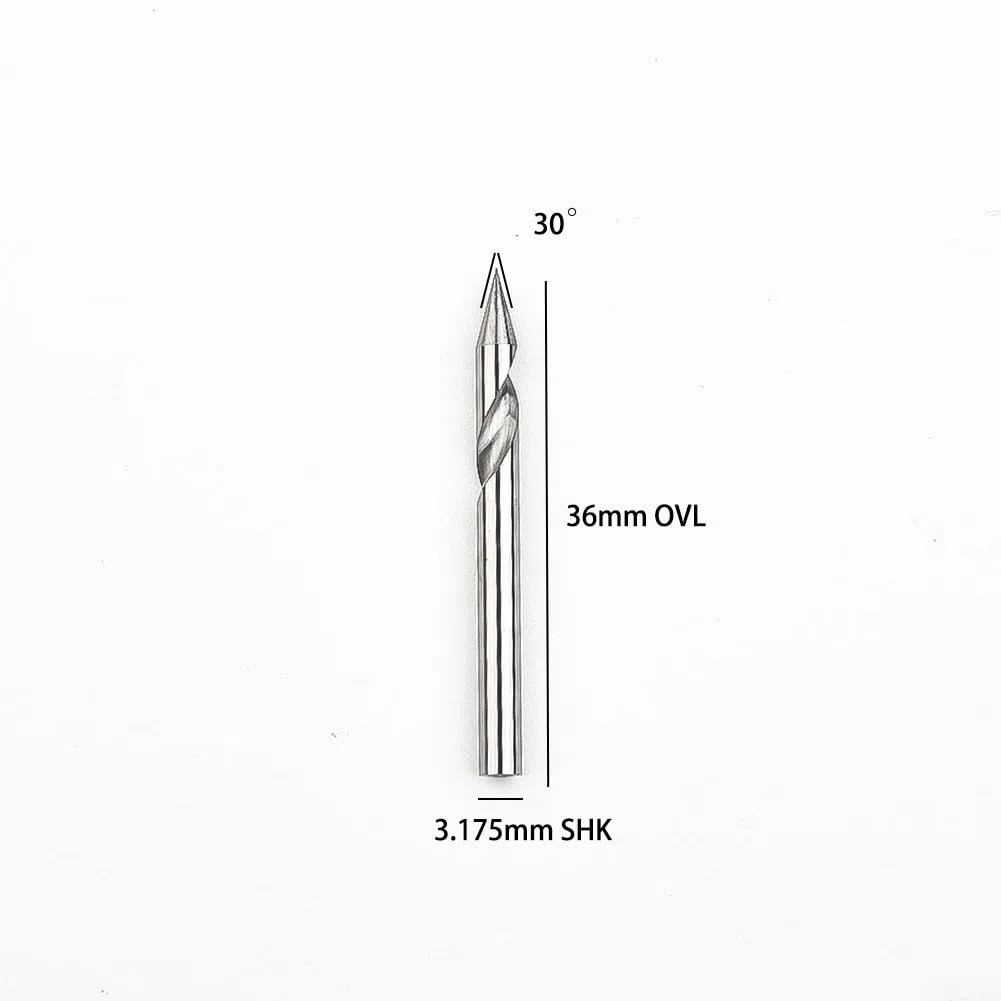 5 punte per fresa CNC a spirale in acciaio al tungsteno a scanalatura a V, strumento per incisione con scanalatura a V da 30 gradi, punte per router a spirale CNC con gambo da 1/8 di pollice