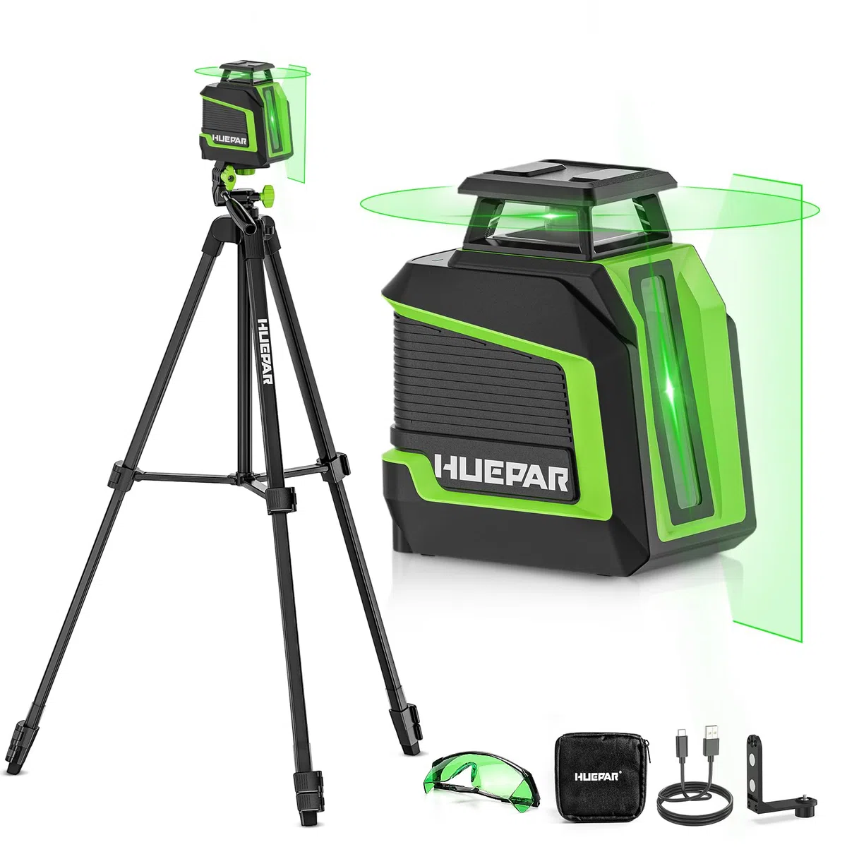 Huepar 360° Livella Laser Verde con Treppiede da 150cm, Modalità a Impulsi, 3 Regolazioni Della Luminosità, USB-C Ricaricabile, Ideale per Progetti Fai Da Te in Interni