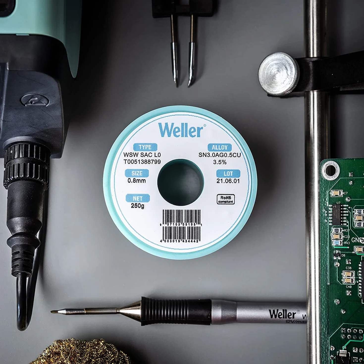 Weller WSW SCN M1 (T0051402999) Kit - Ø 0.3/0.5/0.8mm, 21g, Lega Sn99.3Cu0.6Ni0.05, Contenuto di Fondente 3,5%, Argento
