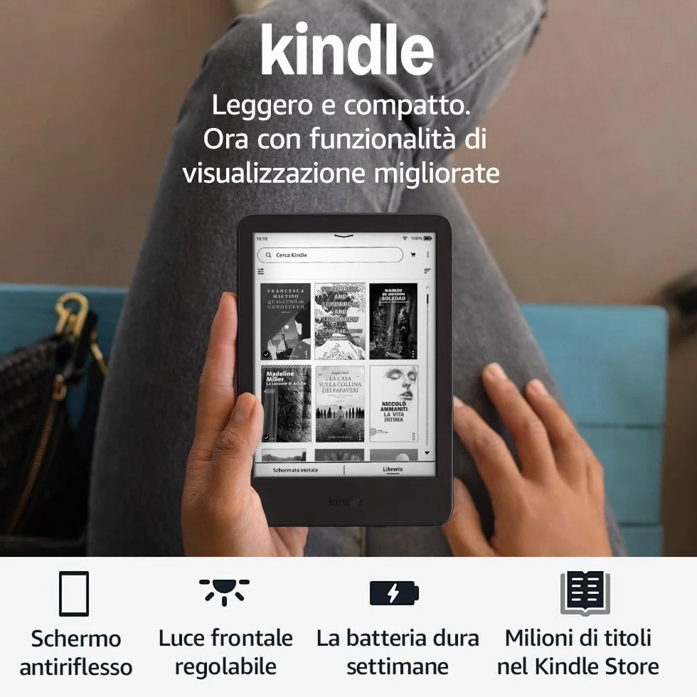 Amazon Kindle (Ultimo modello) - Il più leggero e compatto, con schermo antiriflesso, cambio pagina più rapido, illuminazione frontale regolabile - 16 GB - Con pubblicità - Nero