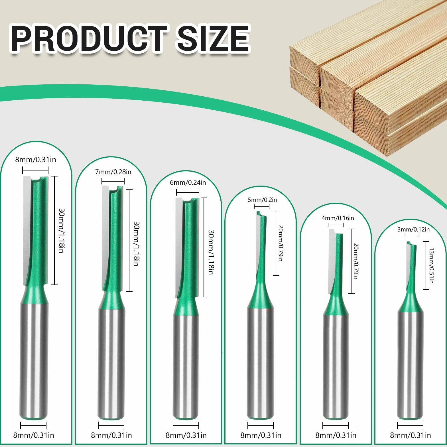 Set 6 Pezzi Frese per Legno a Doppio Flauto, Gambo 8mm per Scanalature Dritte - Fresatrice Verticale,Banco Fresa,per Legno Duro/MDF/Compensato,Accessori Professionali Fai Da Te