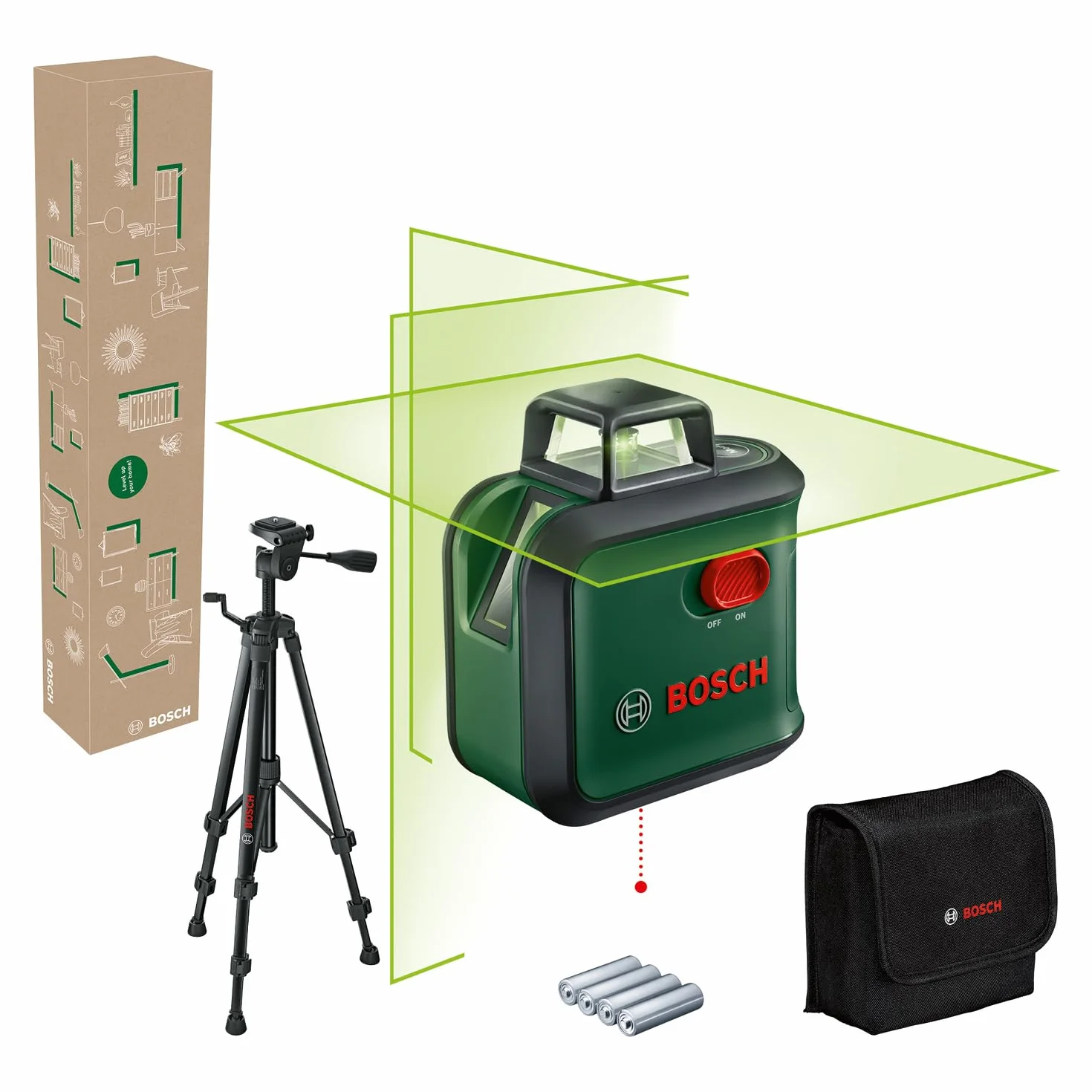 Bosch livella laser multifunzione AdvancedLevel 360 con treppiede premium (3 linee laser incl. 360° per allineamento dell'intera stanza, in scatola di cartone E-Commerce)
