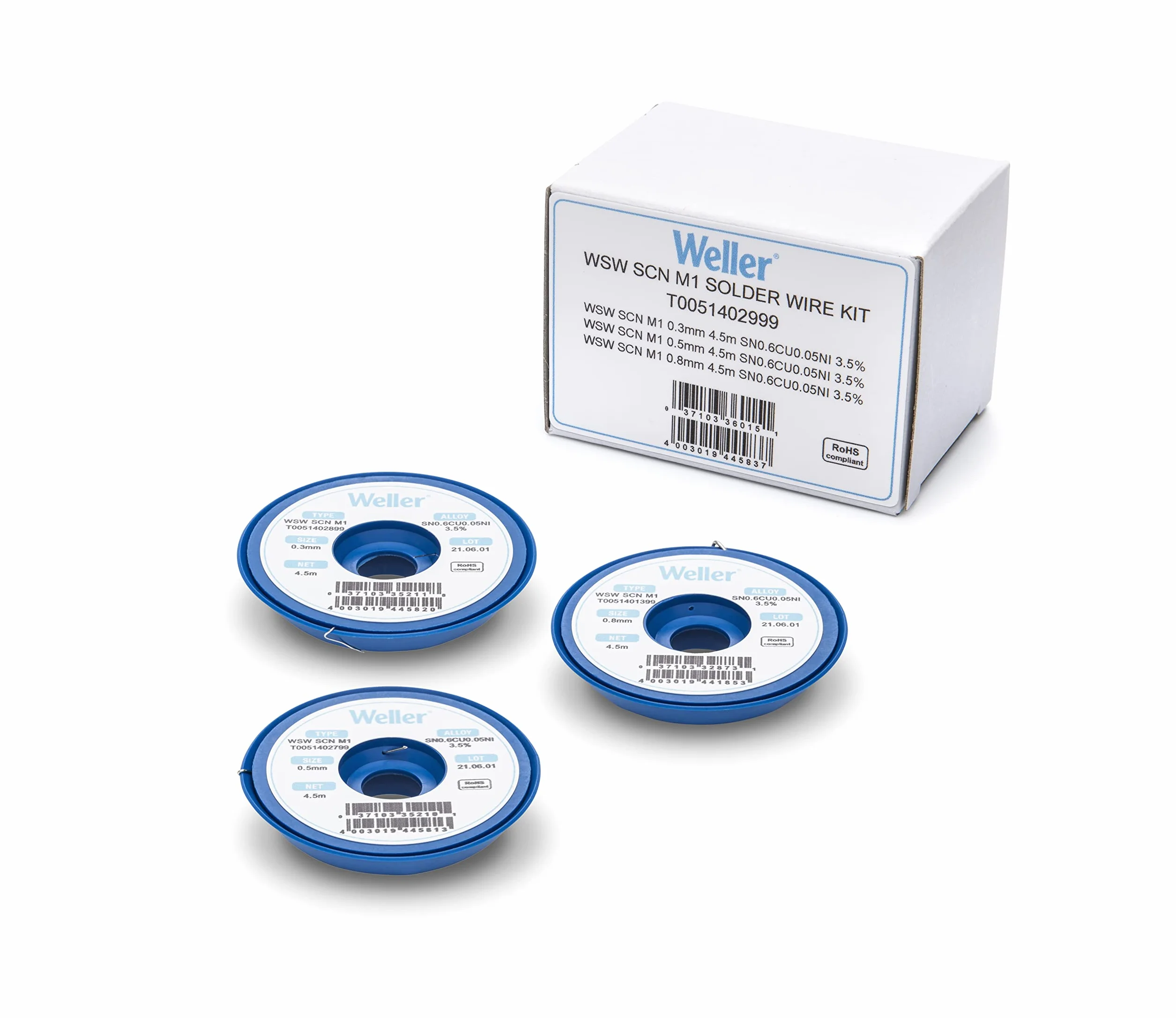 Weller WSW SCN M1 (T0051402999) Kit - Ø 0.3/0.5/0.8mm, 21g, Lega Sn99.3Cu0.6Ni0.05, Contenuto di Fondente 3,5%, Argento