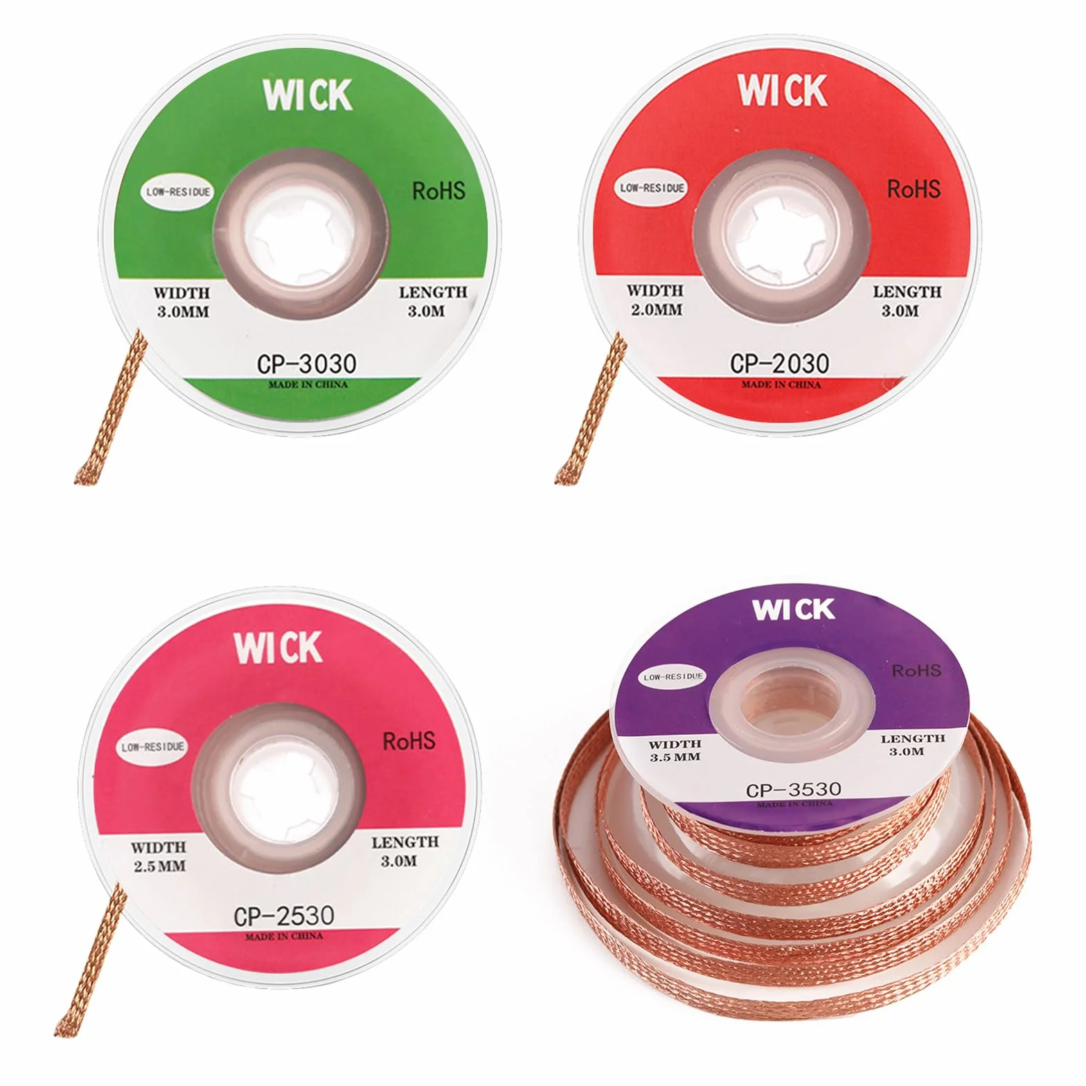3 m di saldatura, set di 4 pezzi di saldatura, filo dissaldante in rame, senza saldatura, 2 mm, 2,5 mm, 3 mm, 3,5 mm, rimozione dello stagno di saldatura per smontare componenti elettrici