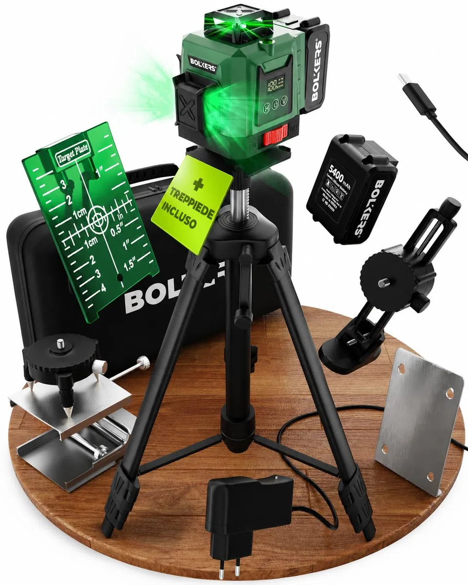 ProLaser 4x360° Livella Laser a Croce con Treppiede - Laser Verde Autolivellante, Livella Laser Edilizia, 16 Linee, 2 Batterie, Custodia & Accessori per Piastrelle, Pareti & Installazione