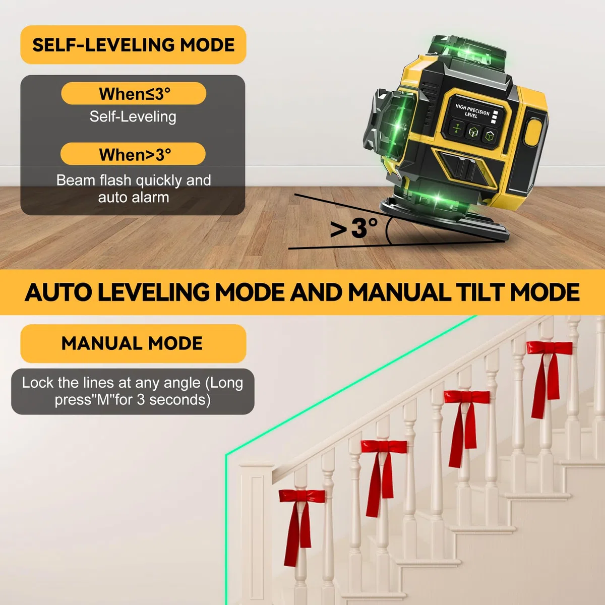 Livella Laser Autolivellante 360 x 4, Precisione ± 1 mm/5 m, 4D 16 Linee Livello Laser con Treppiede, Laser Verde, Visibilità Eccezionale a 25 m, Supporto Rotante, 2 x 3600mah Batteria(Giallo)