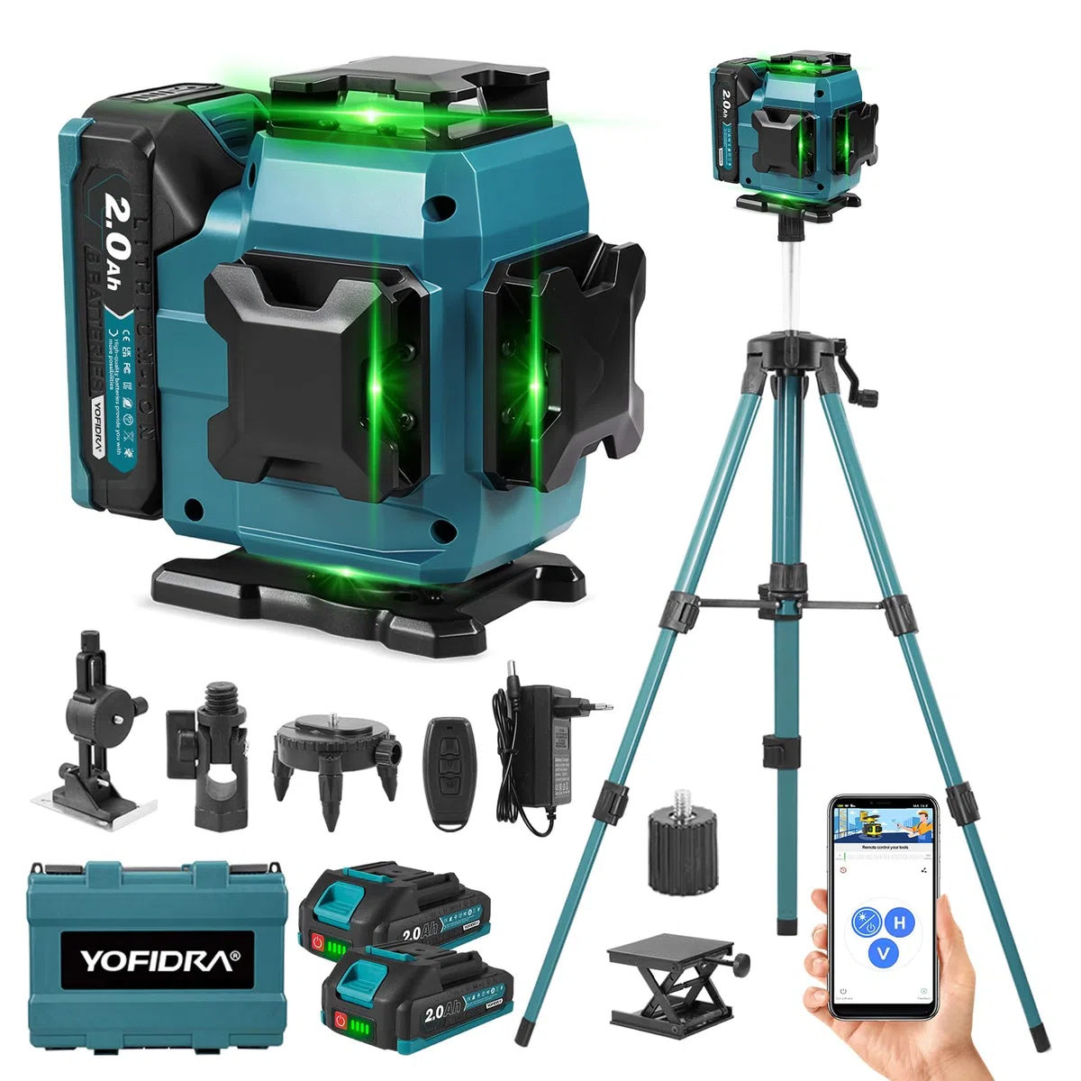 Yofidra Livella Laser con Treppiede - Laser a Linee Incrociate, Laser Autolivellante 4 x 360°, 4D 16 Linee, con 2 Batterie da 2000 mAh, Telecomando, IP54, per Cantieri, Interni