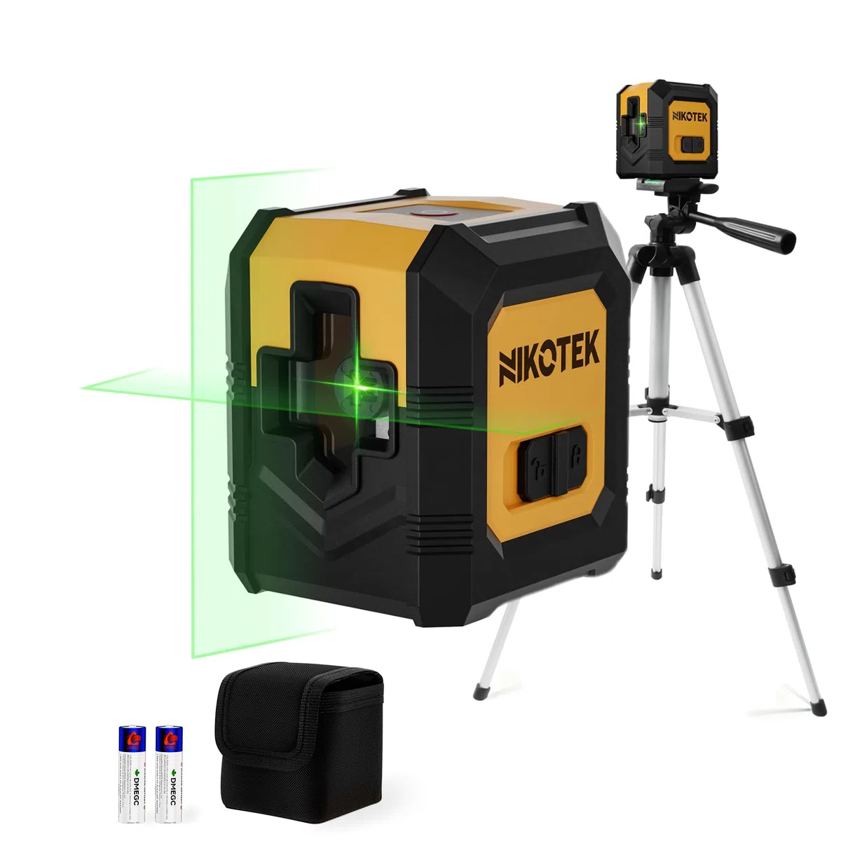 Nikotek Livella Laser con Treppiede, NIKOTEK-LL-Auto, Verde, Autolivellante, Raggio Verde, Linee Incrociate, IP54, Batteria Inclusa