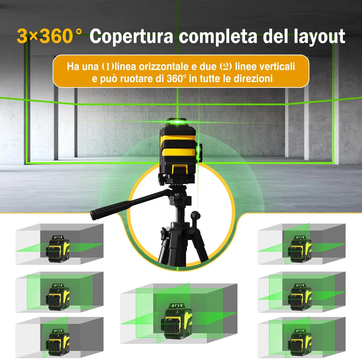 Livella Laser Autolivellante 3x360° Cross Livello Laser Verde Modulo Doppia Linea Verticale/Orizzontale, Laser 5200mAh Batteria al Litio e Staffa Girevole Magnetica,Telecomando