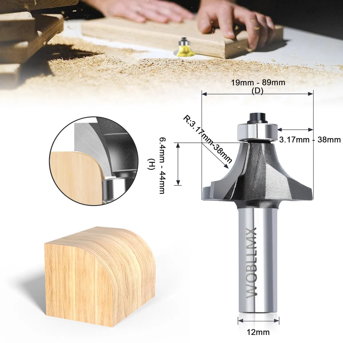 Fresa arrotondata con gambo da 12 mm, raggio di 27 mm, con cuscinetto a sfera superiore lama in metallo duro pratica resistente e affilata per la lavorazione del legno fai da te a casa