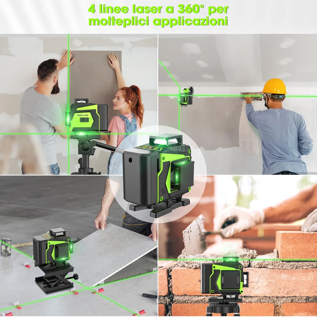 Livella Laser Autolivellante 16 Linee, 4 X 360 °Livello Laser Autolivellante Verde, 2 x Batterie, Autolivellante, Supporto rotante, Telecomando Cabina di rilevamento