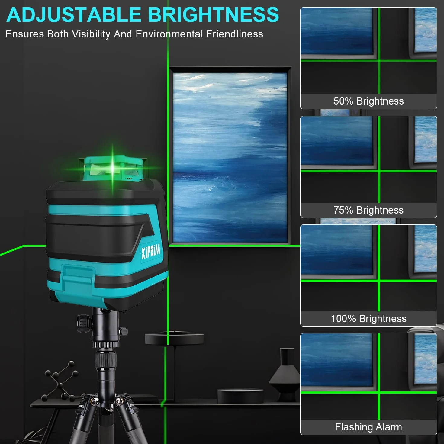 Livella Laser, Kiprim LV8D Laser Autolivellante a Raggio Verde Laser con Visibilità Migliorata, 5 Linee Laser, Modalità Manuale/Autolivellamento/Impulso(Batteria Inclusa)