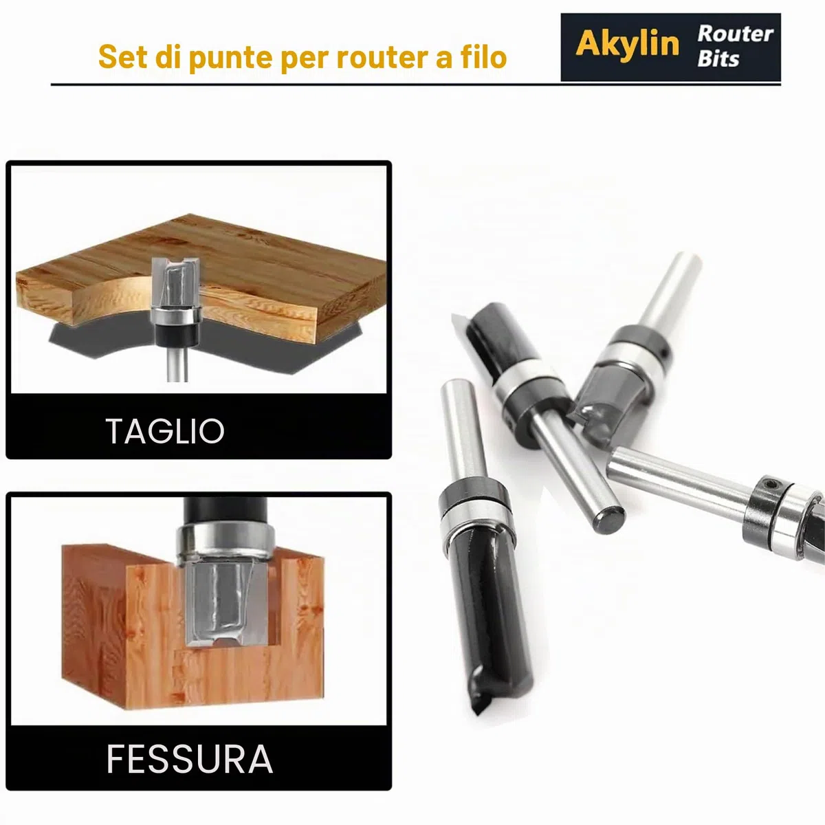 Set di 4 frese da copiare in legno a gambo da 6 mm, con cuscinetti a sfera, strumento da taglio professionale per router per legno