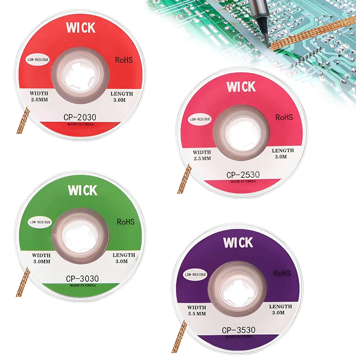 Set di 4 cavi dissaldanti, filo dissaldante in rame, alta conduttività termica, 2 mm, 2,5 mm, 3 mm, 3,5 mm, per dissaldare e rimuovere lo stagno di saldatura in punti di saldatura