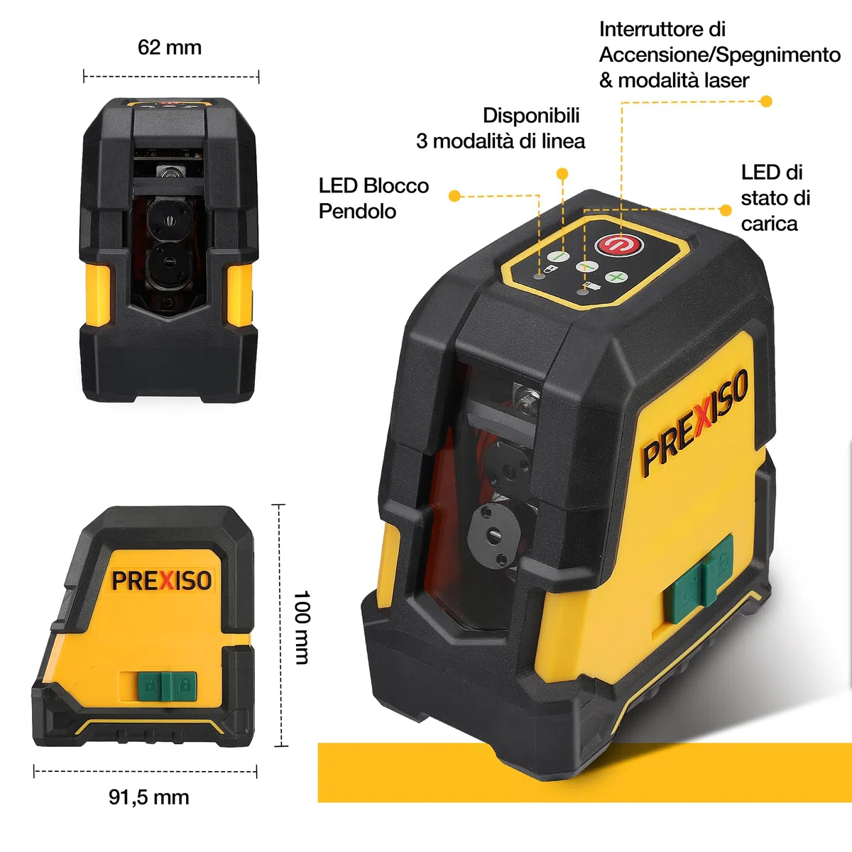 PREXISO Laser a Linee, Livella a Linea Laser, Livella Autolivellante, Laser a Linea Verticale/Orizzontale, Laser Verde con 3 Modalità, Livella Laser Professionale con Supporto Magnetico e Treppiede