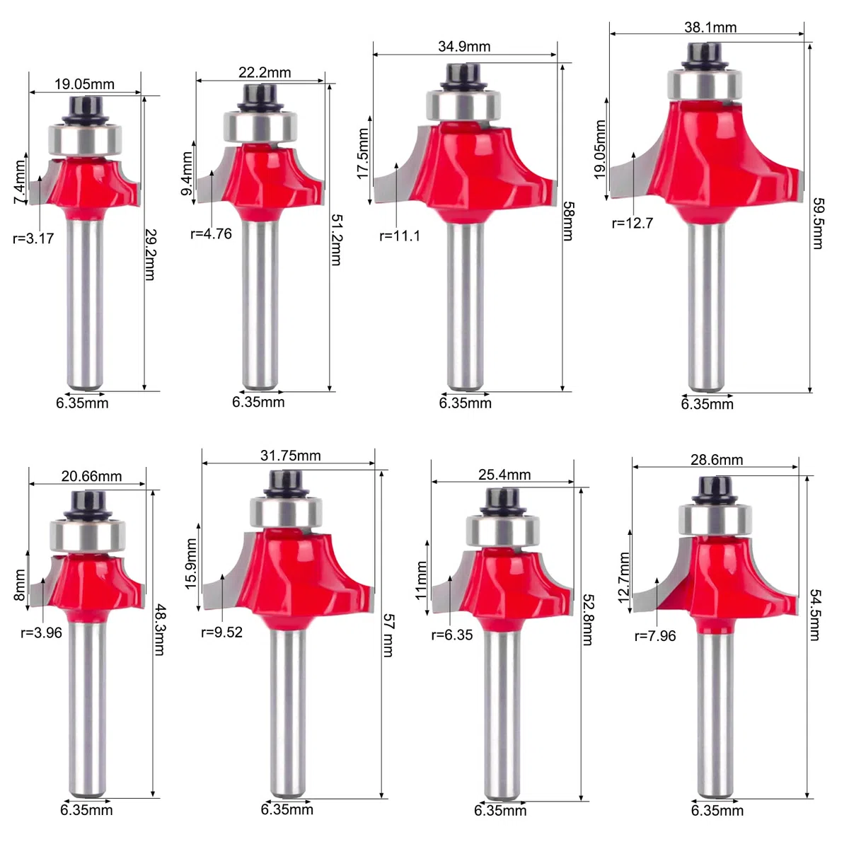 8 Pezzi Frese Rotondo con Gambo 6mm Fresa Router Router Bit Set Frese per Legno Fresa per Angolo Tondo per Legno Mobili di Bricolage(1/4”, 5/16”, 3/8”, 1/2”, 5/8”, 3/4”, 7/8”,1” Raggio)