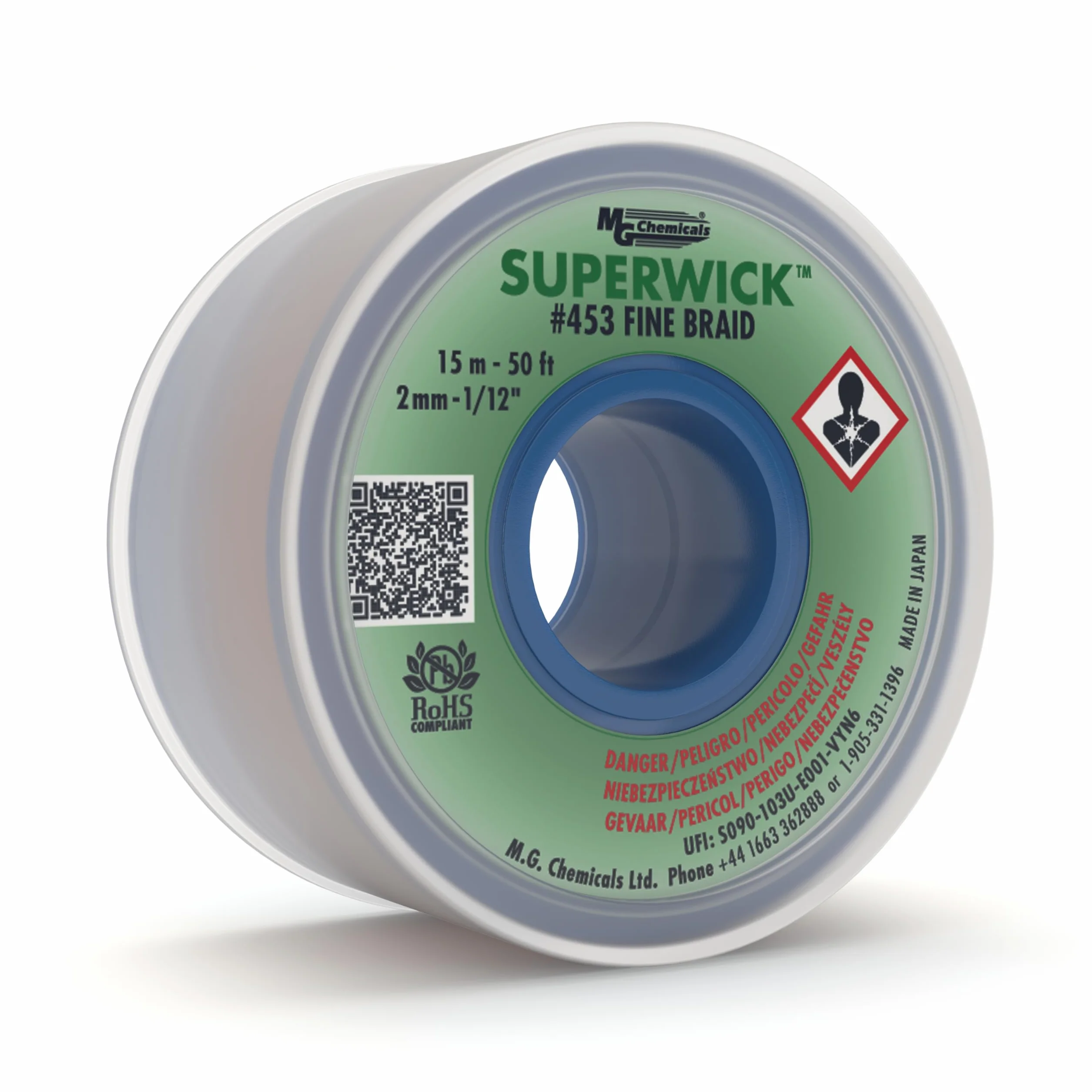 MG Chemicals 453 Treccia dissaldante n.3 treccia fine Super stoppino con flusso RMA, lunghezza 50 'x larghezza 0,075 ", verde