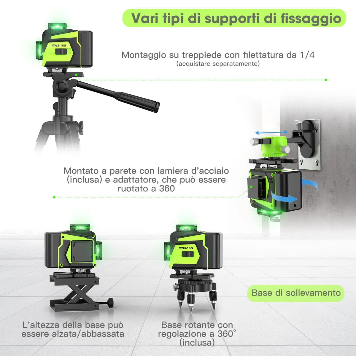 Livella Laser Autolivellante 16 Linee, 4 X 360 °Livello Laser Autolivellante Verde, 2 x Batterie, Autolivellante, Supporto rotante, Telecomando Cabina di rilevamento