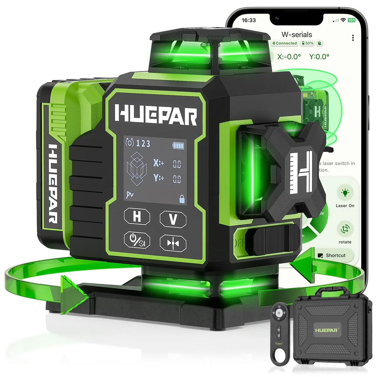Huepar 2024 Nuova Edizione W04CG Livella Laser 4D, Livella Laser con Display LCD con Base Motore Rotante, Laser a Linea Trasversale Autolivellante a 360° - Telecomando Bluetooth, Modalità a Impulsi