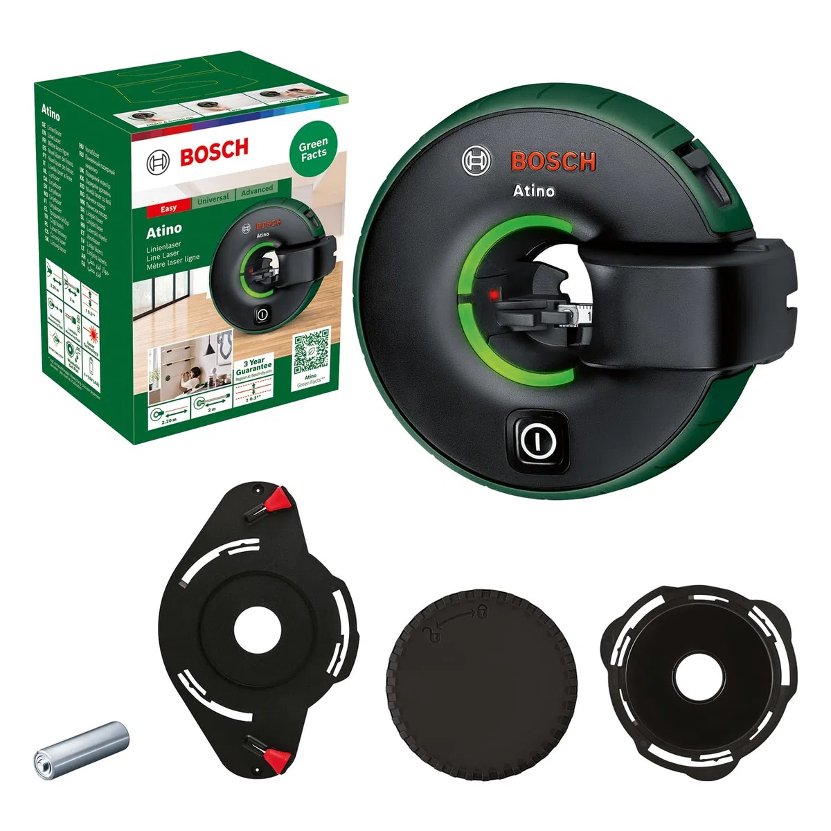 Bosch Livella laser a linee Atino, 2a generazione, nastro di misurazione rimovibile e bloccabile (allineamento orizzontale o verticale, aggancio semplice, superfici regolari e irregolari, cartone)