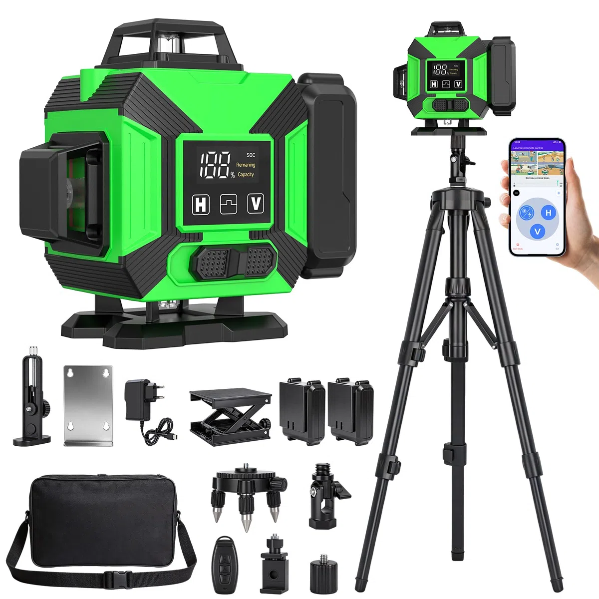 Livella Laser Autolivellante con Treppiede, 4 x 360° Laser a Linee Incrociate, Livella Laser Verde Regolabile Luminosità, Dispositivo di Livellamento con 2 x 3600 mAh Batteria per cantieri Interni DIY
