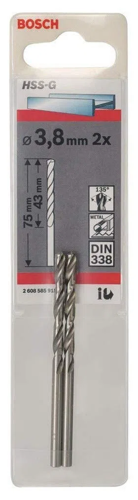 Bosch Professional BOS-2608585915 Punta da trapano per metallo HSS-G DIN338: 3.8 mm x 43 mm x 75 mm: 2 uds, Nero