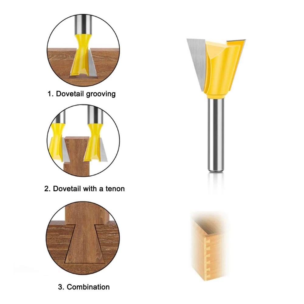 Set di 6 punte per fresa a coda di rondine, codolo da 1/4 di pollice, semi-cieco e a coda di rondine, per lavorazione del legno, utensili da 1/4", 3/8", 1/2", 5/8", 3/4", 7/8"