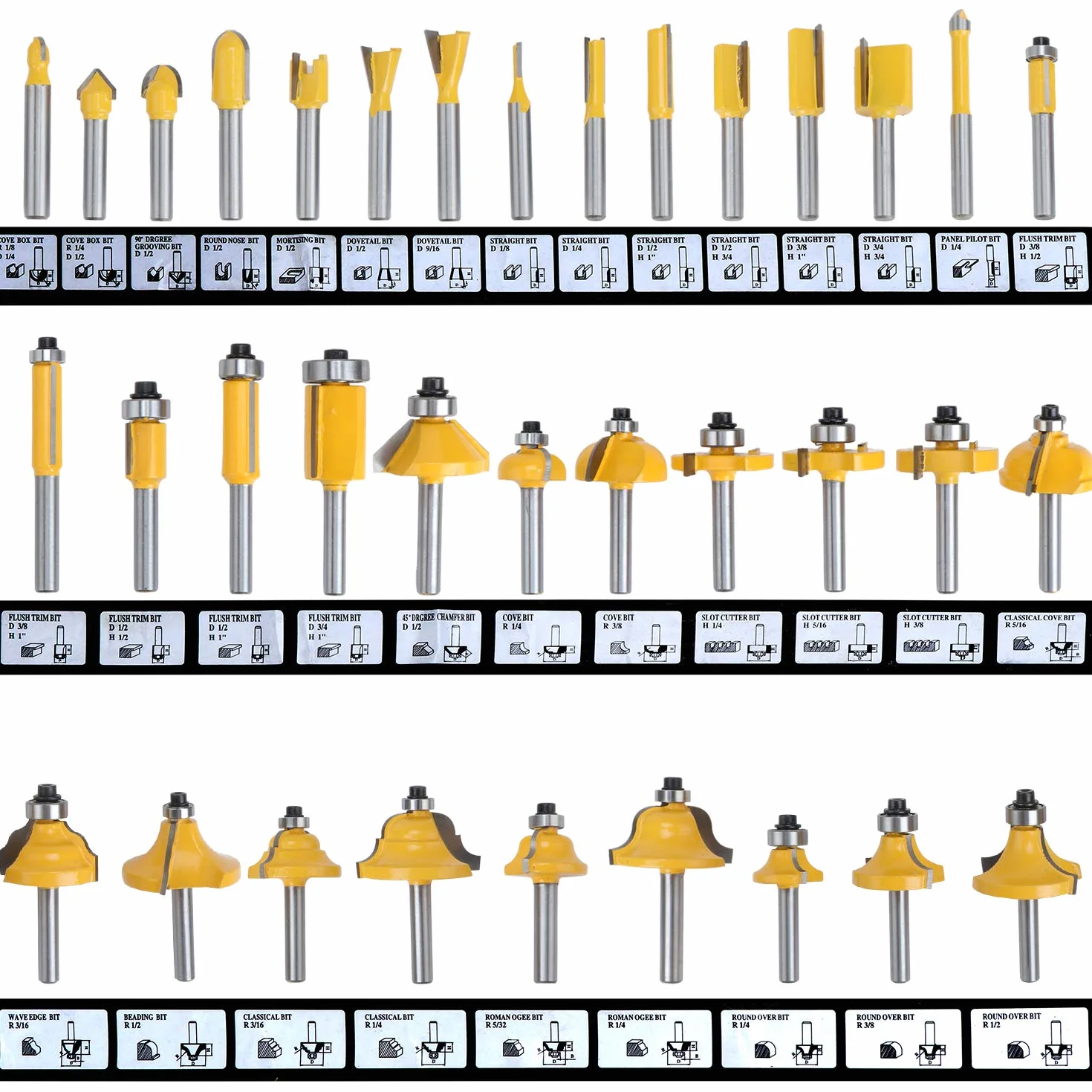 HSEAMALL 35PCS Set di punte per router con punta in carburo di tungsteno,Gambo da 6,35 mm 1/4 pollici Set di bit del router TCT，Taglierine per router a legna,Set Frese per Legno