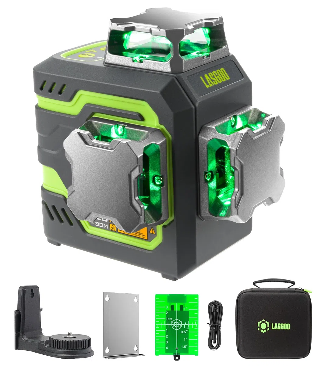 LasGoo LG-3DM Livella laser verde, laser a linea 3x360° autolivellante per edilizia e appendimento quadri, batteria integrata da 5200 mAh, cavo Type-C, supporto rotante magnetico incluso