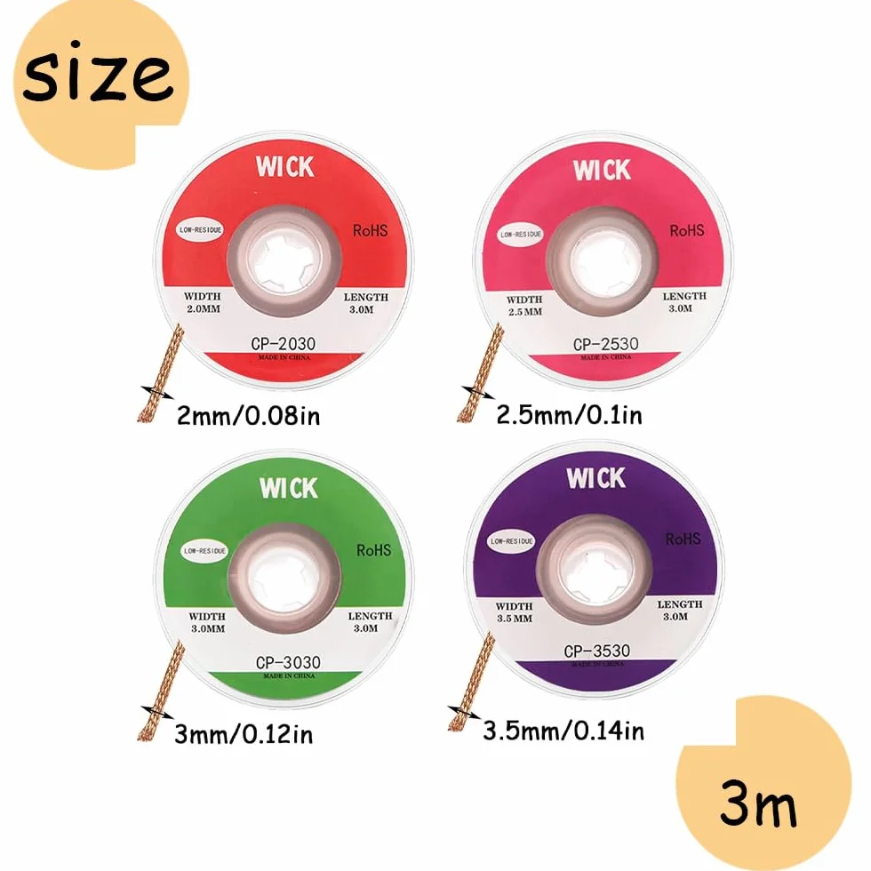 Treccia Dissaldante,Confezione da 4 Treccia di Dissaldatura di Alta Qualità Filo Dissaldante in Rame Puro Nelle Larghezze 2 mm/2,5 mm/3 mm/3,5 mm per Riparazioni Elettroniche e Dissaldatura di PCB