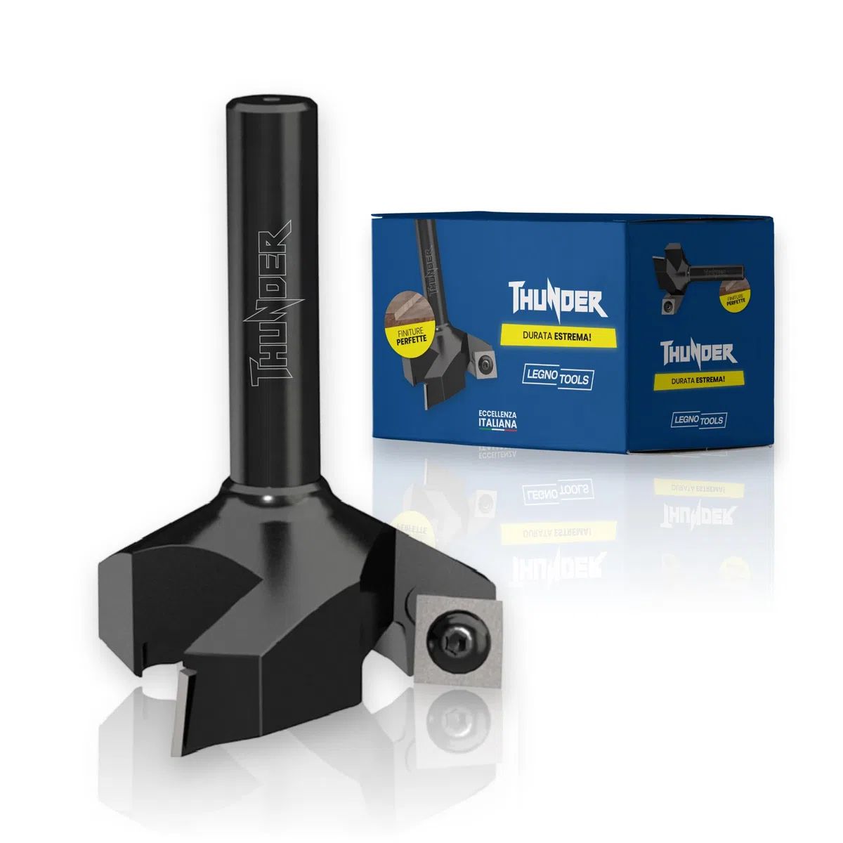 LegnoTools Thunder – Fresa per spianare legno diametro 35 mm, gambo 8 mm, con 3 inserti intercambiabili in metallo duro 10.5 mm – per livellare, bordi e scanalature – per CNC e fresatrice verticale