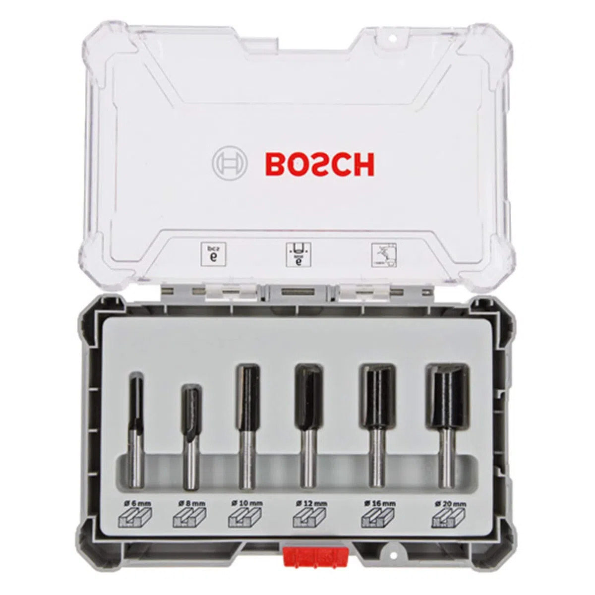 Bosch 6x Set di punte per fresa PRO diritte, 6 pz (per Legno tenero, Legno duro, Ø 6, 8, 10, 12, 16, 20 mm, Professional Accessorio Fresatrice portatile, Rifilatore)