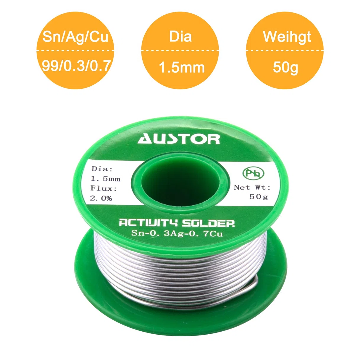 AUSTOR Filo di Saldatura senza Piombo con Anima in Colofonia Sn 99% Ag 0,3% Cu 0,7%, 1,5mm, 50g
