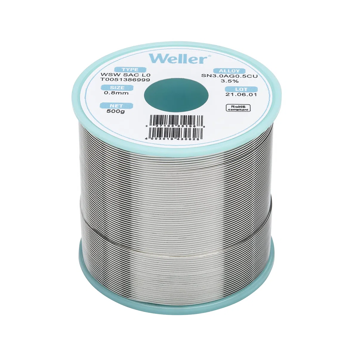 Weller WSW SAC L0 (T0051386999) Filo Saldante, Ø 0.8mm, 500g, Lega Sn96.5Ag3.0Cu0.5, Contenuto di Fondente 3,5%