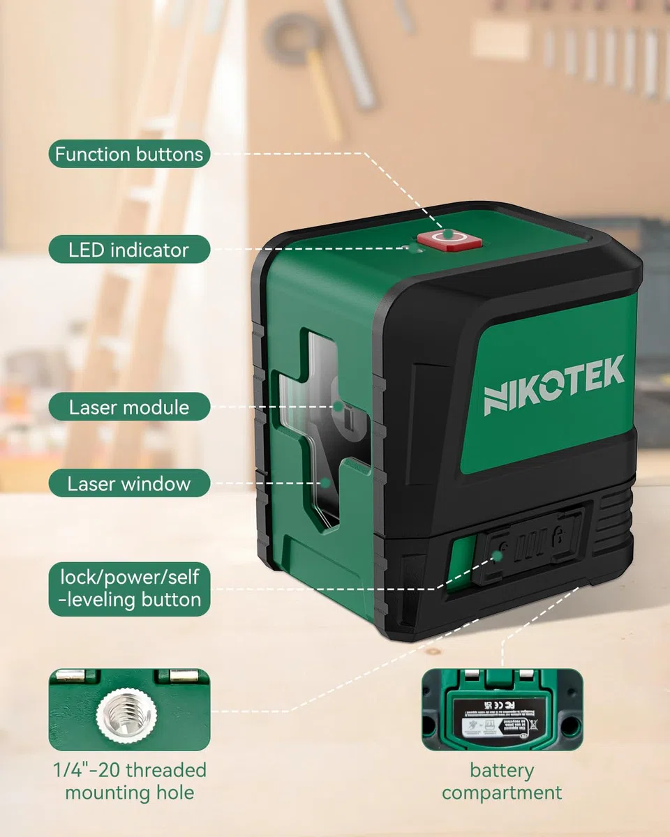 Livella Laser Autolivellante,NIKOTEK Livella Laser a Raggio Verde Laser Orizzontale e Verticale a Linee Incrociate per la Decorazione Domestica Custodia per il Trasporto(Batteria Inclusa)