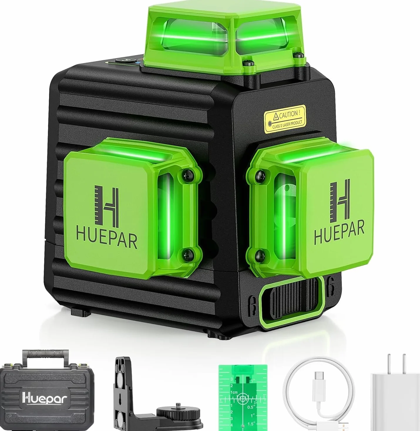 Huepar B03CG 3x 360° Livella Laser 12 Linee Verde 45m con Modalità Impulso, con Batteria al Litio Ricaricabile USB, 3D Linea a Croce Orizzontale/Verticale, Base magnetico