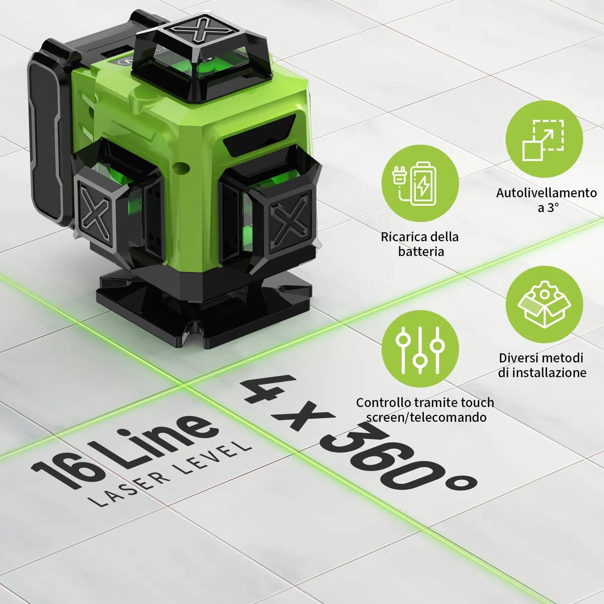 Livella Laser 16 Linee con Treppiede, Livella Laser Autolivellante 360, Batteria Ricaricabile, con Staffa a Parete, Telecomadon, per Lavori Costruzione e Decorazione D'interni