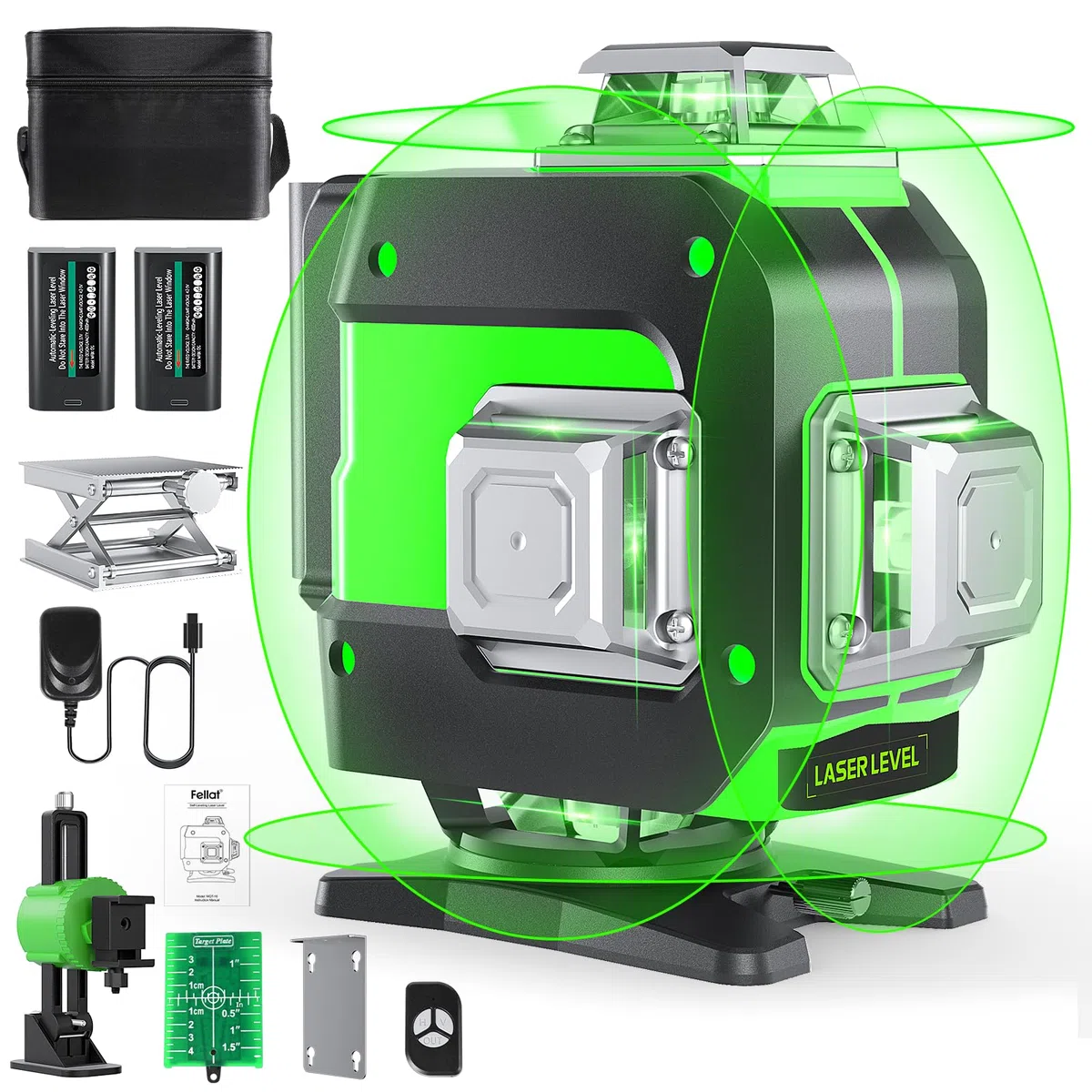 Livella Laser, FELLAT 4 x 360° Livella Laser Autolivellante 16 Linee 4D Livello Laser con 2 Batterie Ricaricabili da 4000 mAh, Telecomando, Base di Sollevamento, Supporto Magnetico Rotante