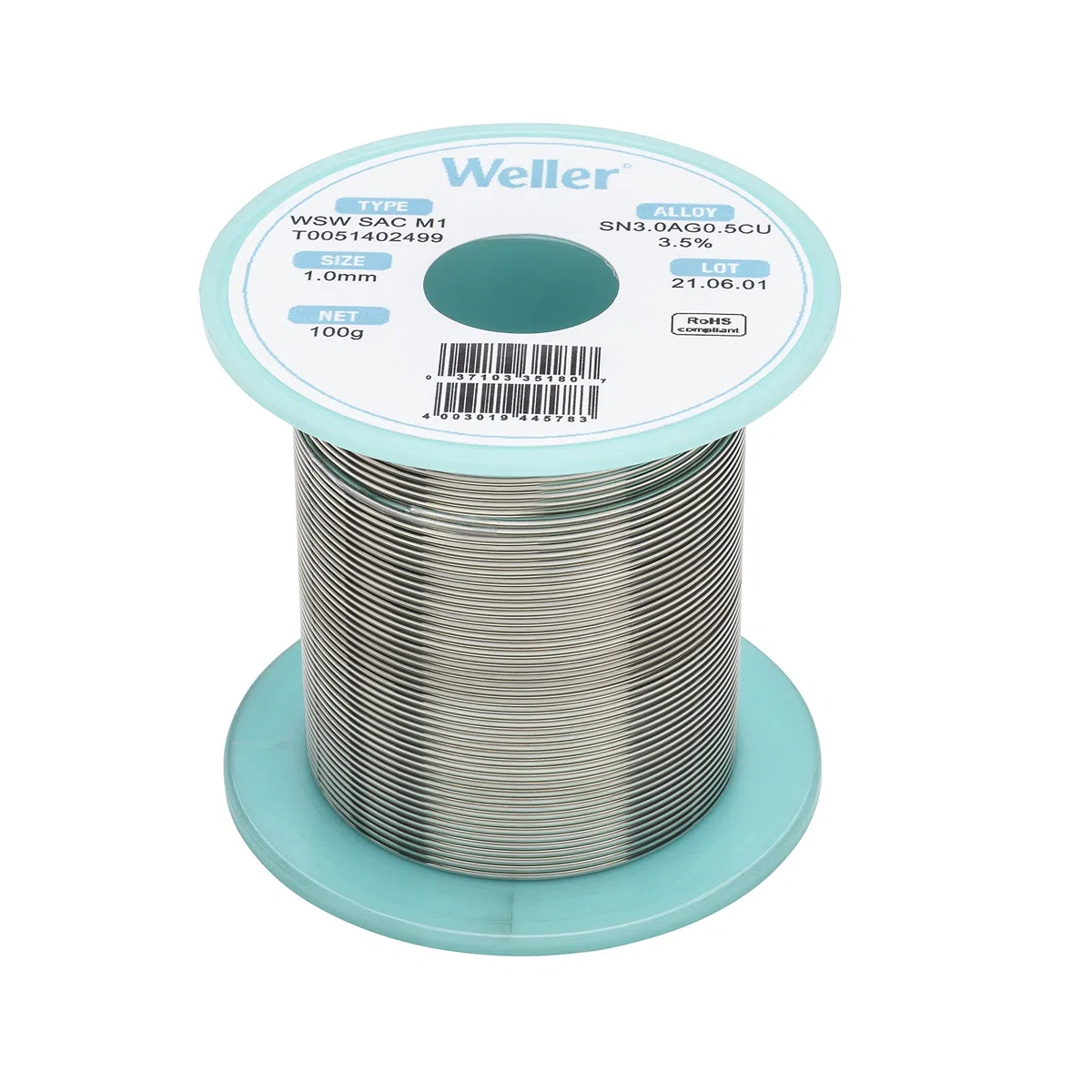 Weller WSW sac M1 (T0051402499) Filo Saldante, Ø 1.0mm, 100g, Lega Sn96.5Ag3.0Cu0.5, Contenuto di Fondente 3,5%, Silver