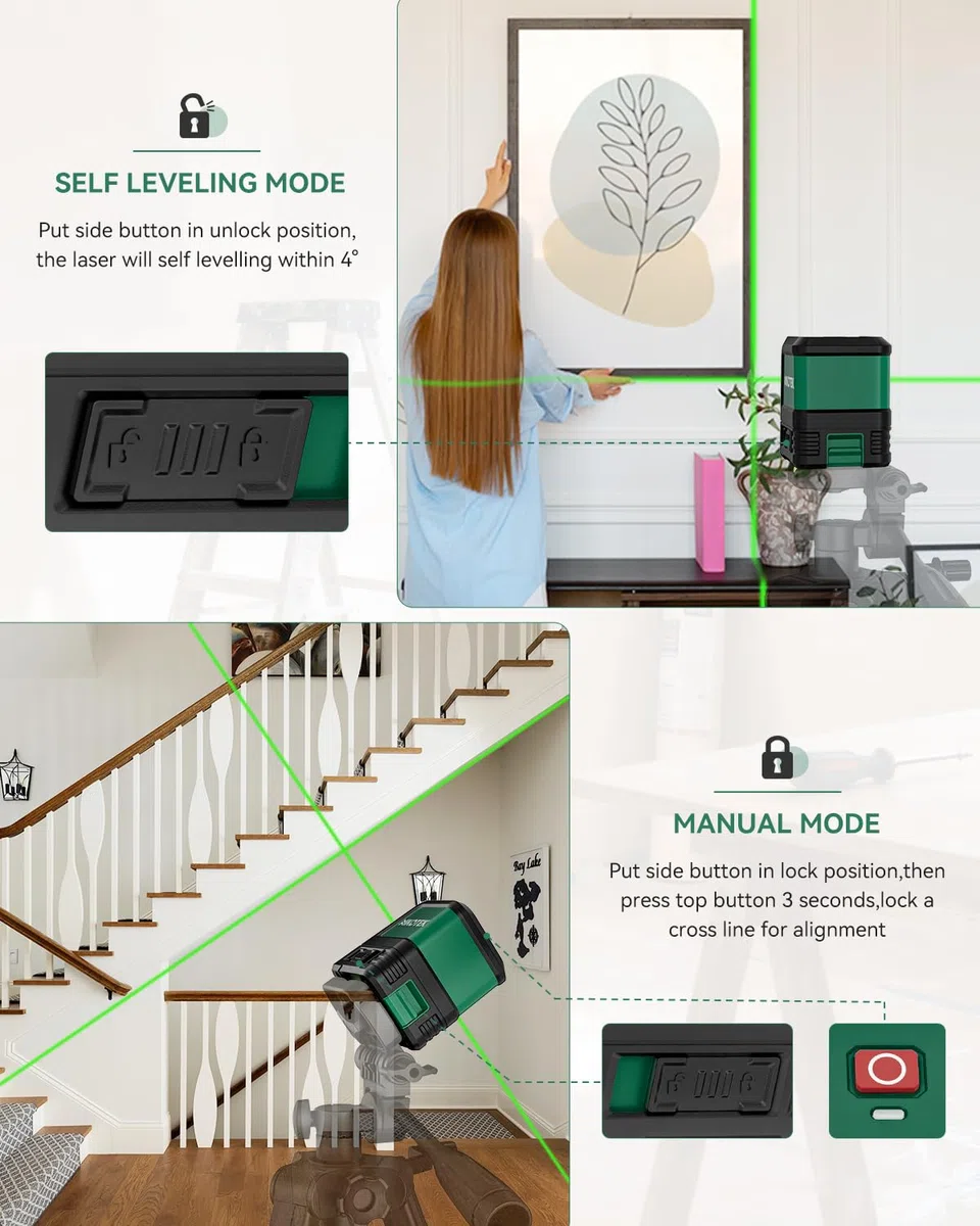 Livella Laser Autolivellante,NIKOTEK Livella Laser a Raggio Verde Laser Orizzontale e Verticale a Linee Incrociate per la Decorazione Domestica Custodia per il Trasporto(Batteria Inclusa)