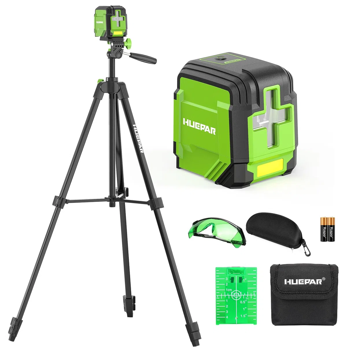 Huepar GK011DG Livella Laser Autolivellante con Treppiede 1,52 m, Laser Verde a Croce Orizzontale 110° e Verticale 110°, IP54, Borsa, Occhiali e 2 Pile AA, 30m Livella Laser per Casa, Appendere Quadri