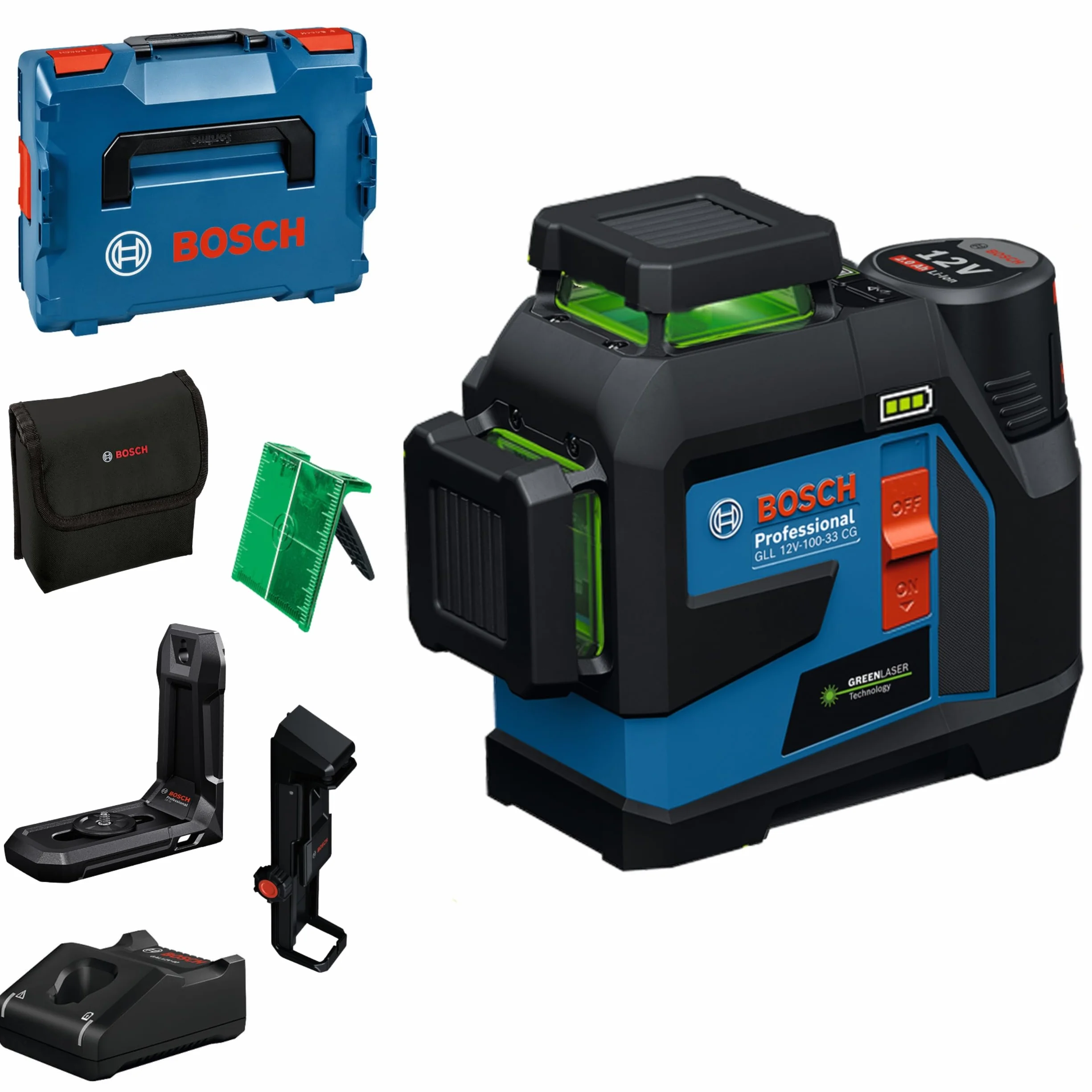Bosch Professional Livella laser a linee GLL 12V-100-33 CG (3 linee laser verdi a 360°, raggio d'azione 100 m (raggio), Levelling Remote, LB 10, DK 20, GBA 12V 2.0Ah, GAL 12V-40, custodia, L-Boxx)