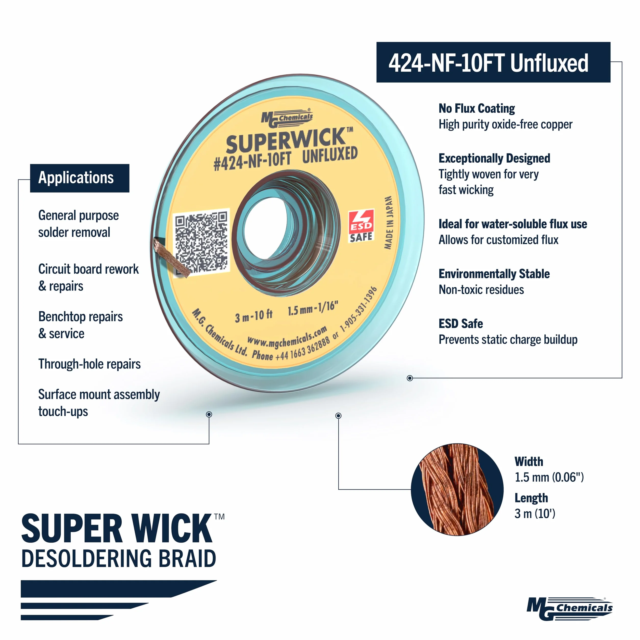 MG Chemicals 424-NF-10FT Treccia dissaldante Super Wick non flussata, 0,06" di larghezza x 10' di lunghezza, sicura ESD