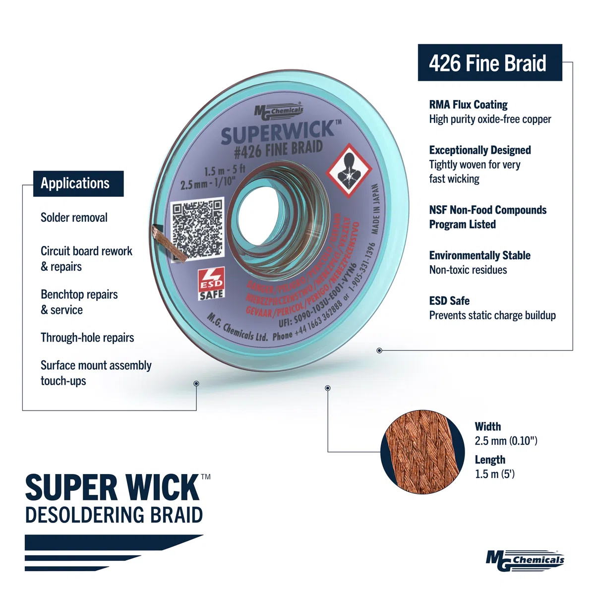 MG Chemicals 426 Treccia dissaldante n.4 treccia fine Super stoppino con flusso RMA, 5 'di lunghezza x 0,1 "di larghezza, blu
