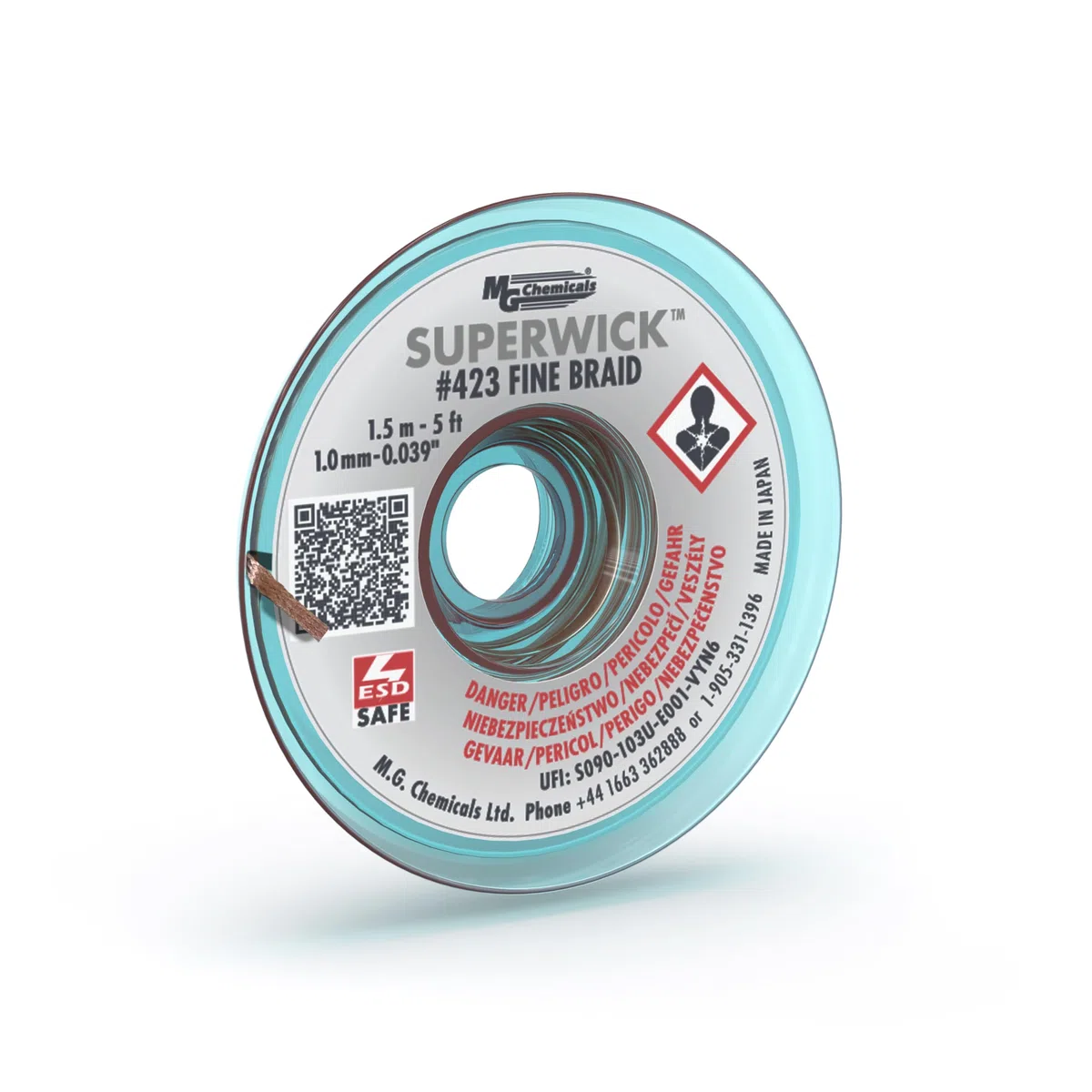 MG Chemicals 423 Dissaldante Braid # 1 Super stoppino a treccia fine con flusso RMA, 1.5m di lunghezza x 1 mm di larghezza, bianco