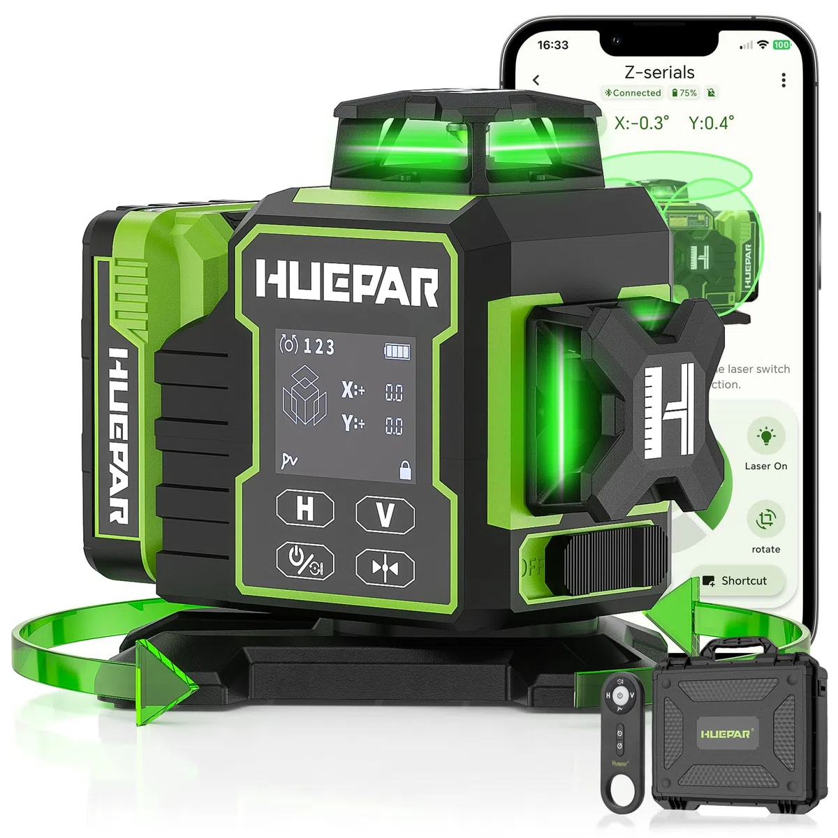 Huepar 3x360°Livella Laser Autolivellante con Bluetooth,12 Linee Verde Livello Laser dotato Base Rotante Elettrica,Grande Schermo LCD, Batterie Ricaricabili,Custodia Rigida e Telecomando-W03CG