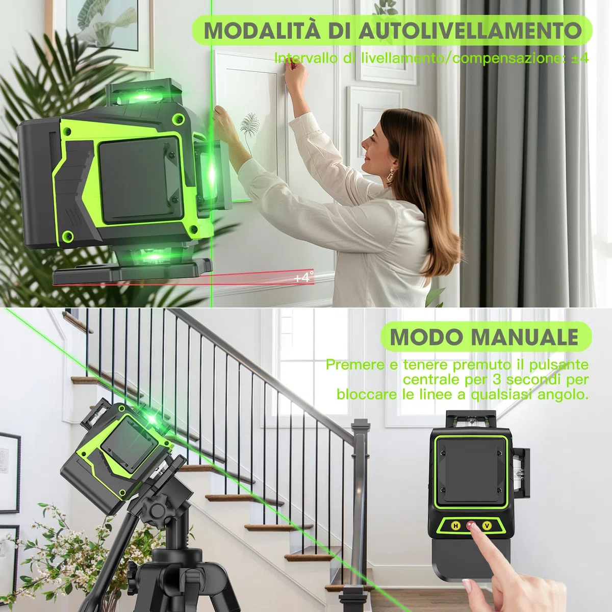 Livella Laser Autolivellante 16 Linee, 4 X 360 °Livello Laser Autolivellante Verde, 2 x Batterie, Autolivellante, Supporto rotante, Telecomando Cabina di rilevamento